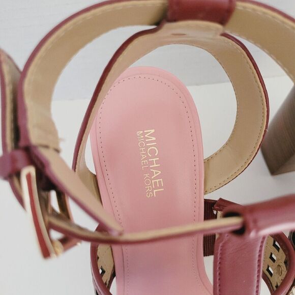 8.5 Women's MK MICHAEL KORS Burgundy Wine Ankle Strappy Block Heel Sandals - Picture 10 of 14
